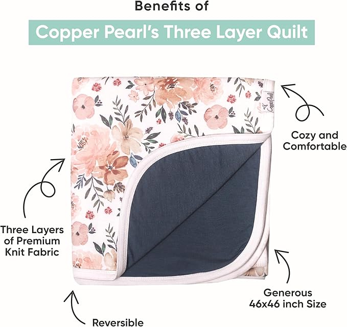 Copper Pearl Three-Layer Quilt: Soft Quilts for Boys & Girls | Breathable, Cozy Toddler Blanket | Newborn Quilt | 46x46 Premium Polyester/Rayon | Strawberry
