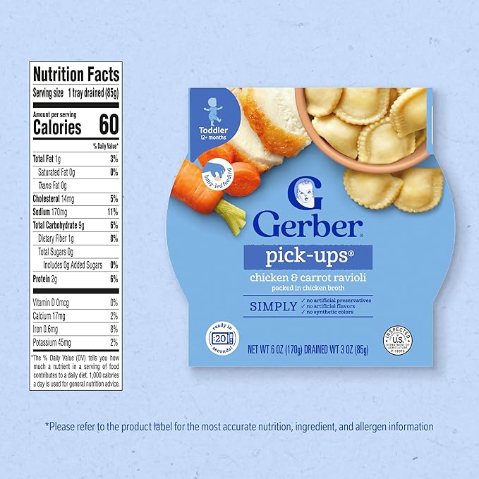 Gerber Toddler Food, Chicken Carrot Ravioli Pick-Ups, Mealtime for Toddler, 8PK