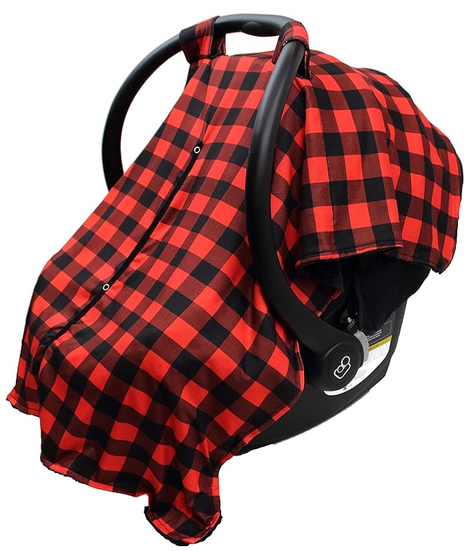 Dear Baby Gear Car Seat Canopy - Unisex Infant Car Seat Cover - Soft and Breathable Fabric - Fits Most Carseats - Perfect Lumberjack Red Black Plaid/Black Dot - 40"x30"