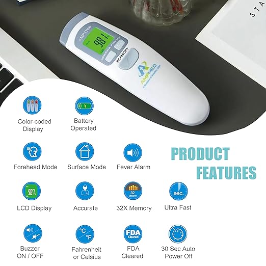 Amplim Non-Contact Forehead Thermometer for Kids and Adults, AmpMed No-Touch Baby Head Temporal Digital Fever Thermometer for Accurate Temperature Reading (White Blue)
