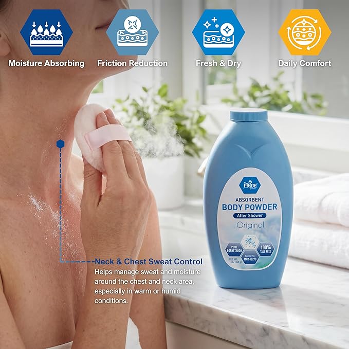MED PRIDE Talc Free Cornstarch Body Powder Original Scent, Moisture Absorbing Skin Care for Daily Freshness, Cruelty Free Formula, 13 Ounce Bottle