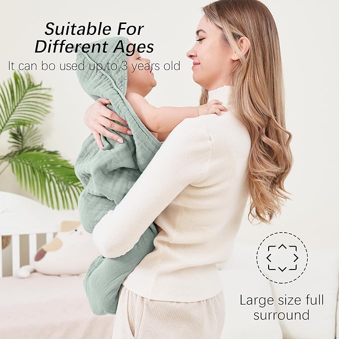 SWEET DOLPHIN Muslin Hooded Baby Bath Towels - 2 Pack 100% Cotton Towel for Babies, Infants, Toddlers - 32x32Inch - Highly Absorbent and Newborn Essential, Light Emerald