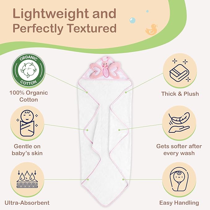 Mother's Choice Baby Towels 100% Organic Hooded Design, Large Size Cotton Baby Bath Towels, Ultra-Soft & Absorbent for Newborns, Infants, Toddlers, Boys & Girls with Animal Hood (Butterfly)