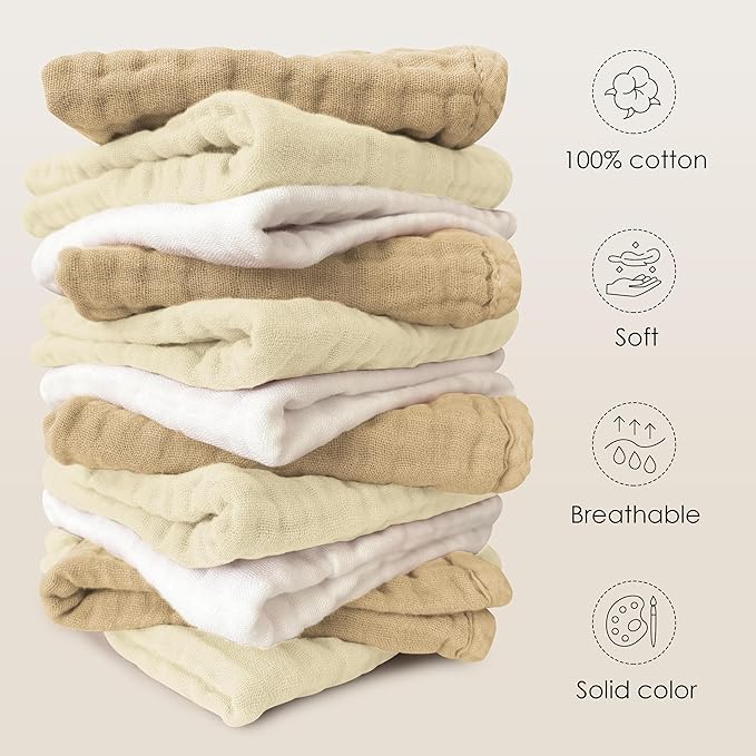 Sunny zzzZZ Baby Muslin Washcloths -100% Cotton Muslin Soft Baby Bath Wash Cloths and Absorbent Burp Cloths for Newborns Kids Girls and Boys -12 Pack, 12x12 Inches - White+Ivory+Brown