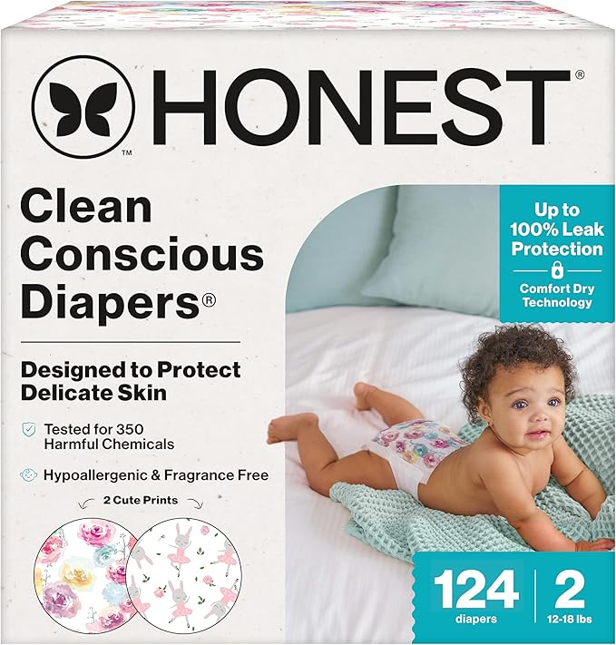 The Honest Company Comfort Dry Disposable Diapers for Sensitive Skin, Hypoallergenic, Fragrance-Free, Rose Blossom + Tutu Cute, Super Club Box, Size 2 (12-18 lbs), 124 Count