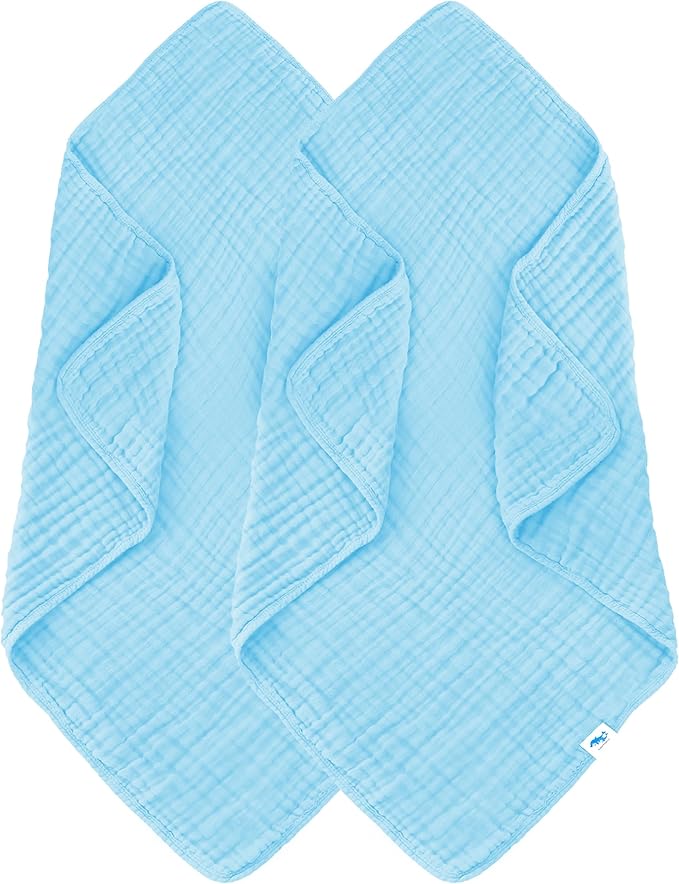 SWEET DOLPHIN Muslin Baby Bath Towels Blanket - 2 Pack 100% Cotton Towel for Babies, Infants, Toddlers - 40x40Inch - Highly Absorbent, Blue