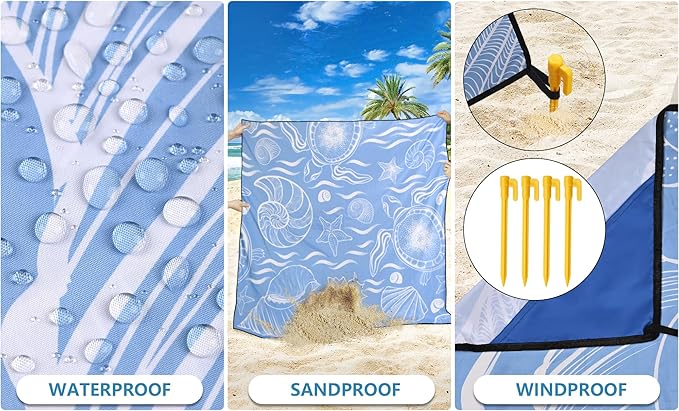 Beach Blanket Waterproof Sandproof Beach Mat 79" X 83"/10'x9'for 2-8 Adults Quick Drying Outdoor Picnic Mat Beach Accessories for Travel, Camping, Hiking