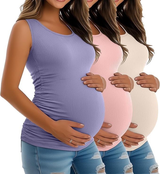 Riyiper 3 Pack Women's Maternity Tank Tops, Sleeveless Cotton Pregnancy Shirts Ribbed Knit Sides Ruched Basic Mama Clothes