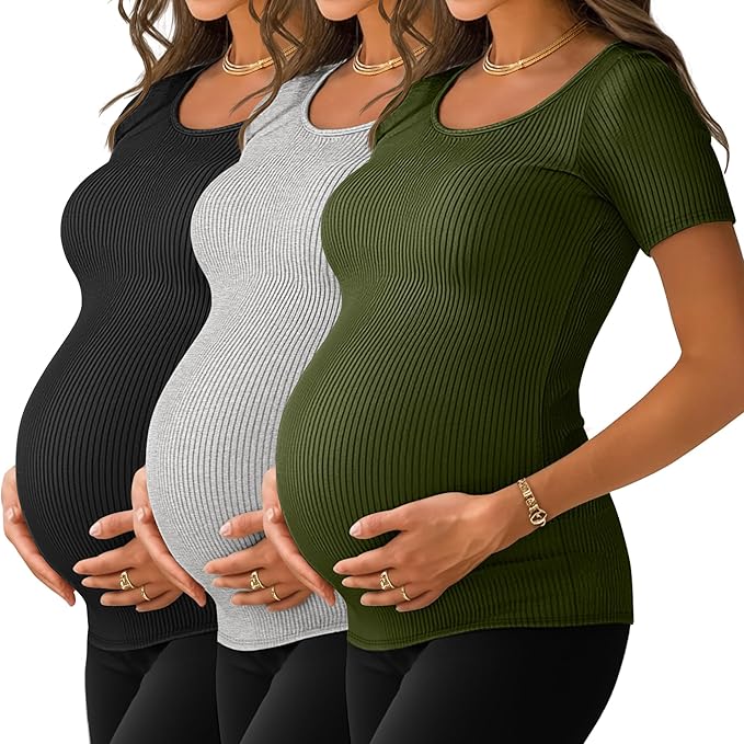 Neer 3 Pack Women's Ribbed Maternity Tops Pregnancy Round Neck Shirts Short Sleeve Soft Maternity Clothes for Mama