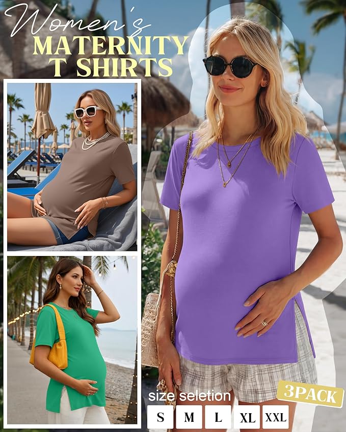 Ficerd 3 Pack Women's Maternity T Shirts, Short Sleeve Side Split Pregnancy Tops Casual Crew Neck Pregnant Tees Mama Clothes