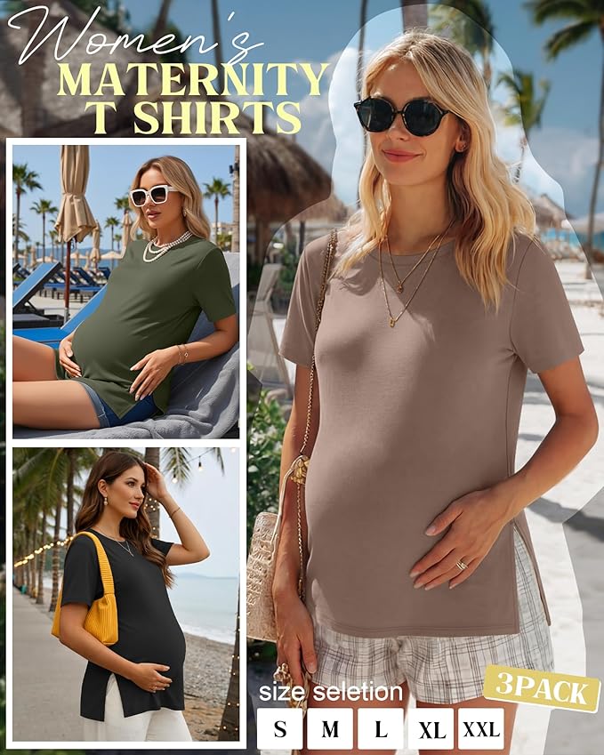 Ficerd 3 Pack Women's Maternity T Shirts, Short Sleeve Side Split Pregnancy Tops Casual Crew Neck Pregnant Tees Mama Clothes