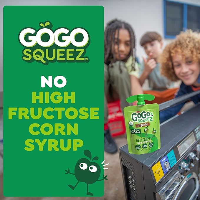 GoGo squeeZ Organic Applesauce and Fruit Puree, Apple Apple, 3.2 oz (Pack of 12), Unsweetened Organic Fruit Snacks for Kids, Gluten Free, Nut Free and Dairy Free, Recloseable Cap, BPA Free Pouches