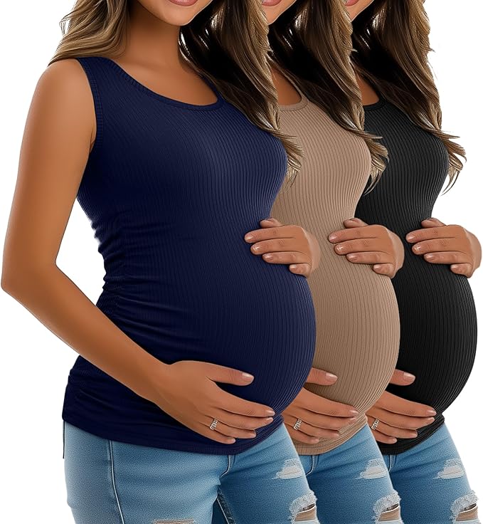 Riyiper 3 Pack Women's Maternity Tank Tops, Sleeveless Cotton Pregnancy Shirts Ribbed Knit Sides Ruched Basic Mama Clothes