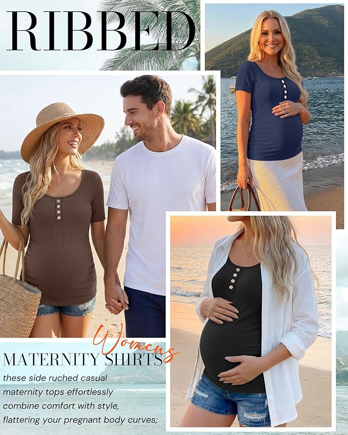 4 Pack Womens Maternity Shirts Scoop Neck Cotton Short Sleeve Ribbed Pregnancy Top Henley Side Ruched Mama Clothes