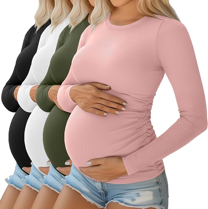 Ficerd 4 Pack Women's Maternity Shirts Cotton Long Sleeve Ribbed Crew Neck Pregnancy Tops Side Ruched Casual Mama Clothes