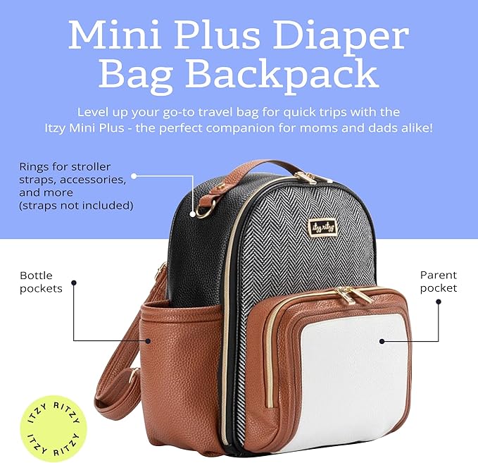Itzy Ritzy Mini Diaper Bag Backpack – Chic, Compact Mini Plus Backpack with Changing Pad, 10 Pockets (6 Internal, 4 External), Grab-Top Handle & Rubber Feet (Coffee & Cream)