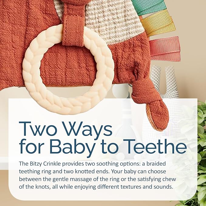 Itzy Ritzy - Bitzy Crinkle Sensory Toy for Babies & Toddlers — Features Crinkle Sound, Soft Braided Teething Toy Ring & Textured Ribbons — Gender Neutral Baby Item for Ages 0 Months & Up, Fox