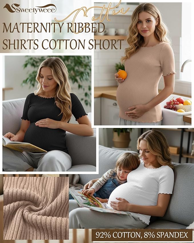 3 Pack Women's Maternity Ribbed Shirts Cotton Short Sleeve Pregnancy Tops Boat Neck Lettuce Trim Mama Clothes