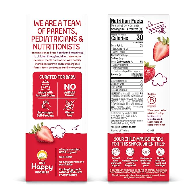 Happy Baby Organics Baby Snacks, Gentle Teething Crackers, Gluten Free & Vegan, Strawberry & Beet, 12 Count (Pack of 6)