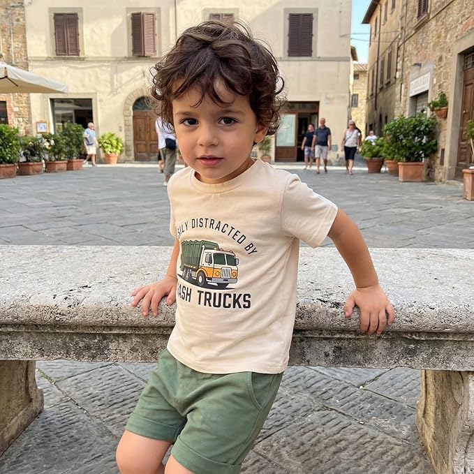 WZTYYDS Toddler Baby Boy Summer Clothes 2T 3T 4T 5T Boys Outfit Letter Truck Short Sleeve T-Shirt Tops + Shorts Set