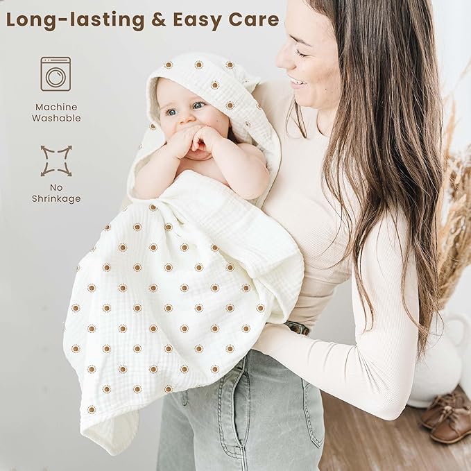 Konssy 2-Pack Muslin Hooded Baby Towels, 100% Cotton, Ultra-Soft & Absorbent Baby Bath Towels with Hood for Newborn & Infant (Camel, Sun,32" x 32")