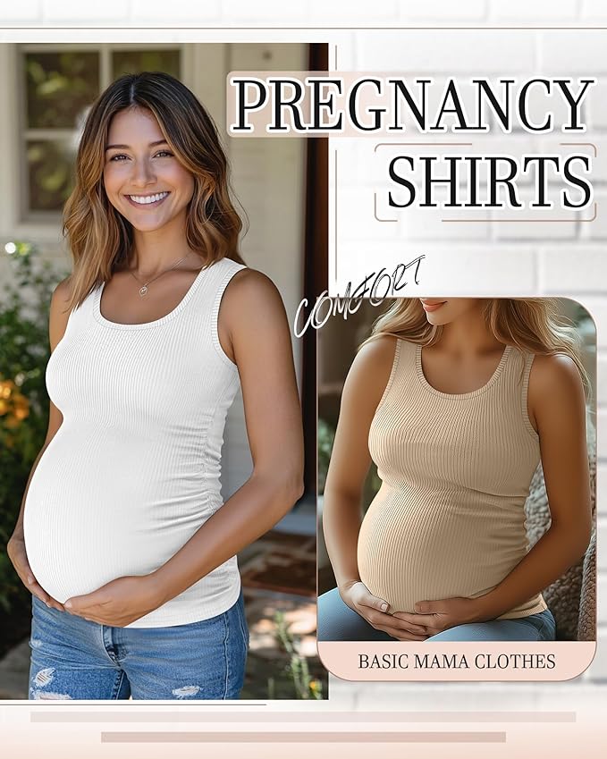 Riyiper 3 Pack Women's Maternity Tank Tops, Sleeveless Cotton Pregnancy Shirts Ribbed Knit Sides Ruched Basic Mama Clothes