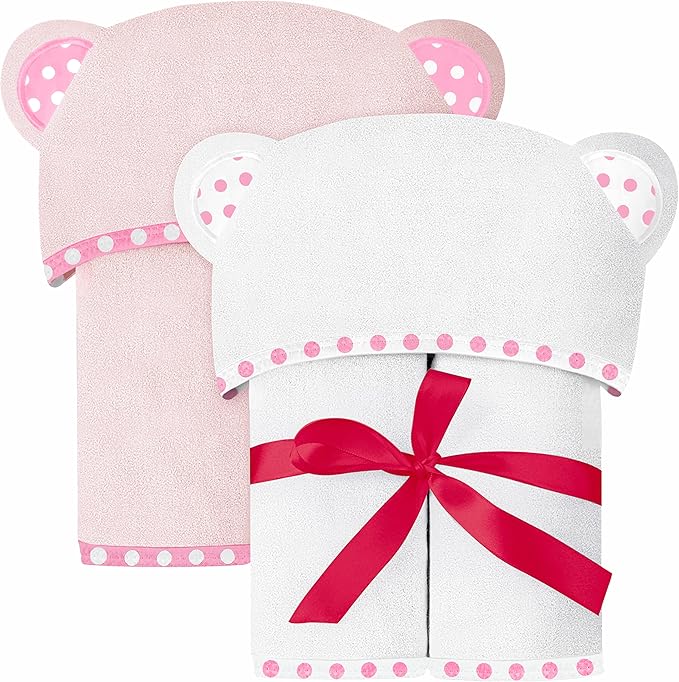 Set of 2 Hooded Baby Towels – White and Pink – Luxurious, Large and Super Absorbent – 30 x 30 Inch – Soft and Suitable for Infants, Toddlers and Kids – 400 GSM
