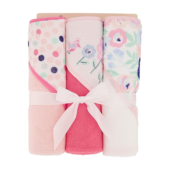 Cudlie Buttons & Stitches Baby Girl 6 Pack Rolled/Carded Hooded Towels in Blooms & Dots Print, GS71731