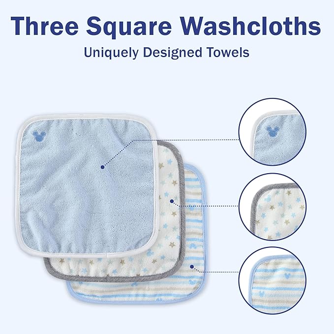 Disney Baby Boys Mickey Mouse Hooded Bath Towel with 3 Washcloths Set for Newborn and Infants
