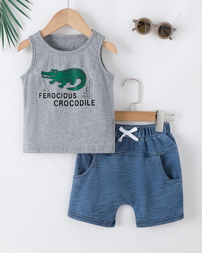 Jecson Baby Boy Summer Clothes Toddler Boy Outfits Letter Print Short Sleeve T-Shirt Denim Shorts Clothing Set 6M-4T