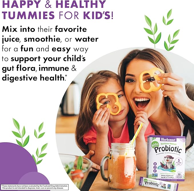 BlueBonnet Nutrition Rainforest Animalz Kids Probiotic 5 Billion CFU^ - Gut, Digestive & Immune Health - Non-GMO Free of Dairy, Gluten, Soy, Sugar, Artificial Flavor & Color - Unflavored, 30 Servings
