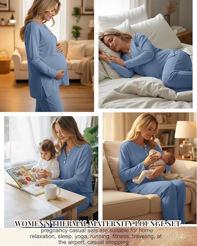 2 Piece Thermal Maternity Lounge Set Postpartum Pregnancy Fleece Loungewear Long Sleeve Top and Wide Leg Pant