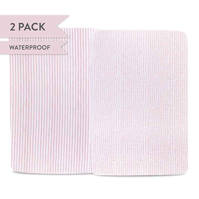 Ely’s & Co. Waterproof Pack and Play/Mini Crib Sheets – All-in-One Mattress Protector and Fitted Playard Sheets – Jersey Cotton – Mauve Pink Splash & Stripes, Baby Girl Nursery Bedding – 2-Pack