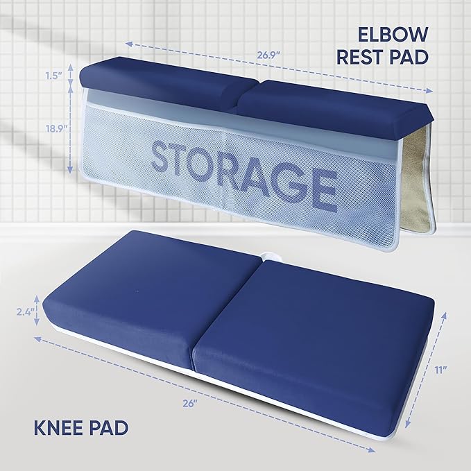 Rylor Premium Baby Bath Kneeler Mat & Elbow Rest Pad Set – Comfortable Bath Kneeler and Elbow Kneeling Rest Pad for Parents, Extra Long 26'', 2.4'' Thick, Non-Slip Support for Easy Bath Time (Blue)