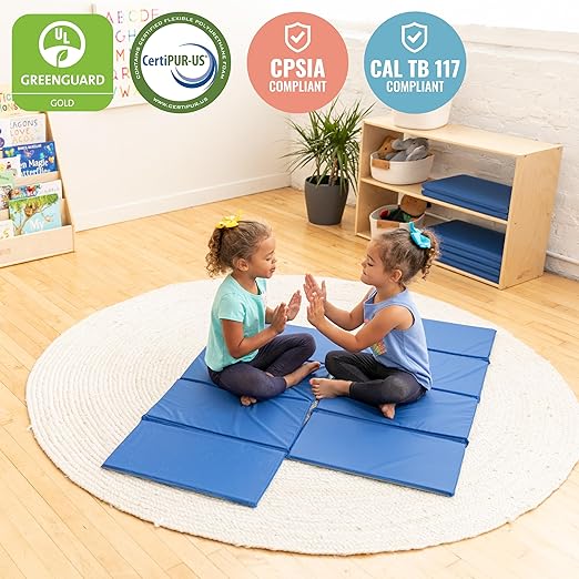 ECR4Kids Everyday Folding Rest Mat, 4-Section, 5/8in, Sleeping Pad, Blue/Grey, 5-Pack