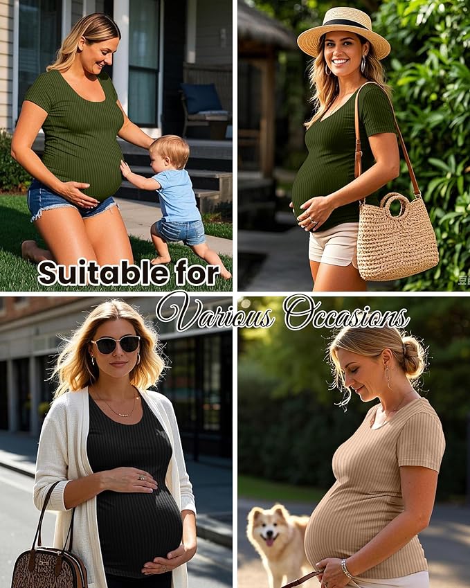 Neer 3 Pack Women's Ribbed Maternity Tops Pregnancy Round Neck Shirts Short Sleeve Soft Maternity Clothes for Mama