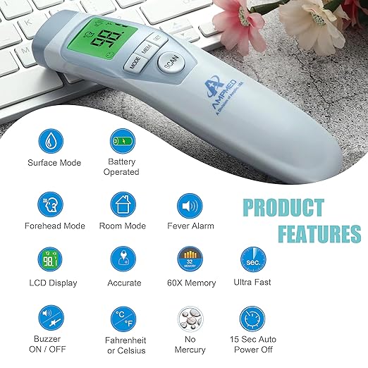 Amplim Hospital Medical Grade Non-Contact No-Touch Forehead Thermometer for Baby and Adults, Touchless Temporal Fever Thermometer, Accurate and Fast Digital Thermometer