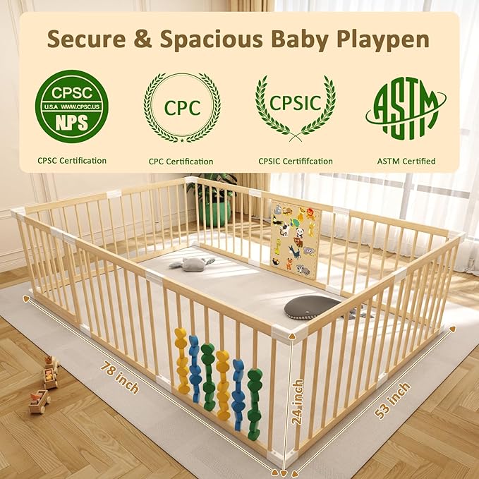 Wooden Baby Playpen,Adjustable Wooden Babies Play Pen,Portable Fence for Babies,Baby Playard Area Indoor,Easy to Assemble and Clean Toys Fence(78x53x24 Inch)
