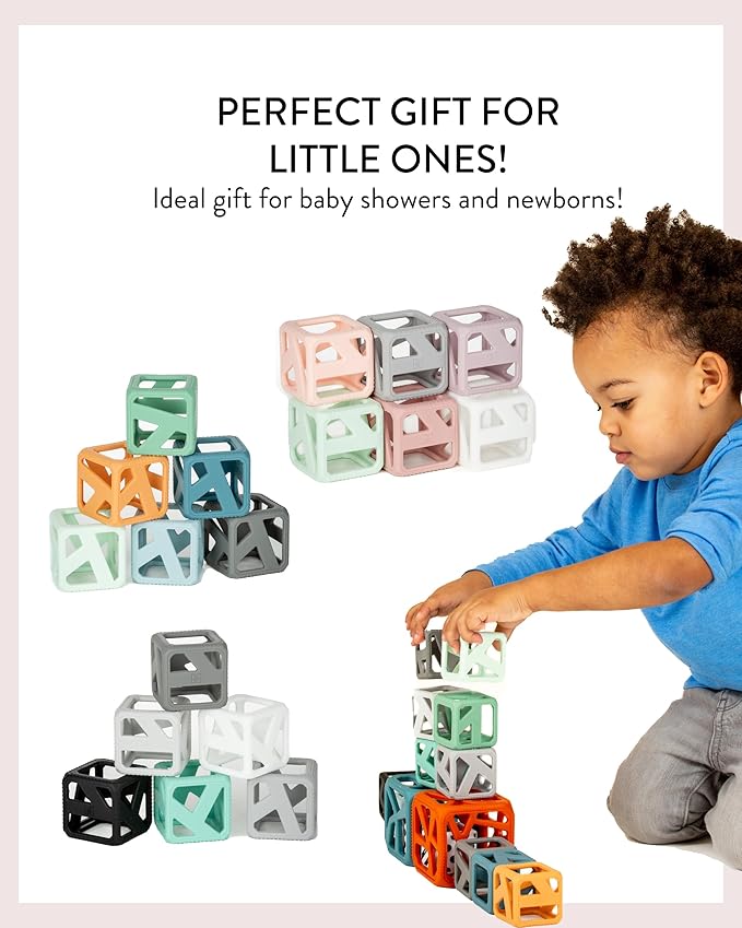 Malarkey Kids Stack N Chew - Mini Cubes Baby Chew Toy Monochrome - Develops Fine Motor Skills, Increases Grip Strength, Stimulates Hand-Eye Coordination (Pastel)