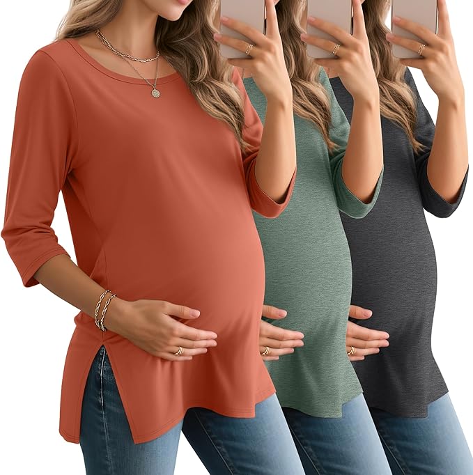 3 Pack Women's 3/4 Sleeve Maternity Shirts Elbow Length Clothes Round Neck Tunics Pregnancy Loose Side Split Tops