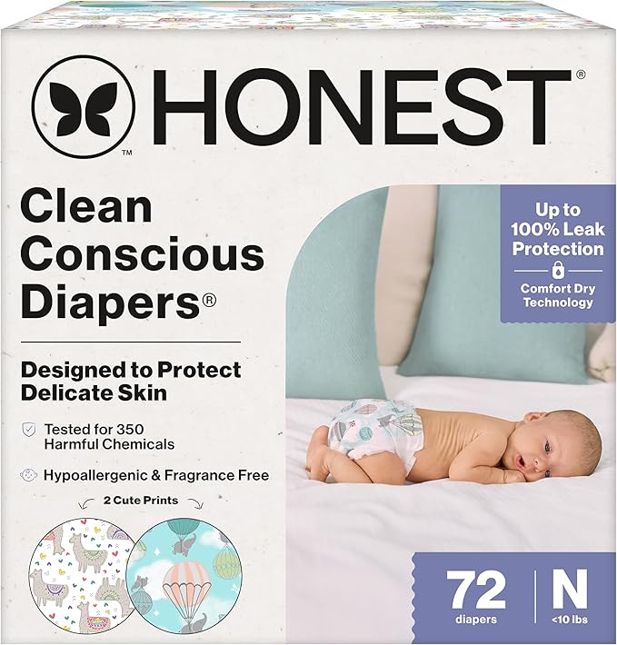 The Honest Company Comfort Dry Disposable Diapers for Sensitive Skin, Hypoallergenic, Above It All + All The Alpacas, Club Box Size Newborn 72 Count