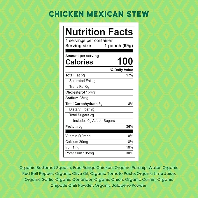 Serenity Kids 6+ Months Chicken Mexican Stew Baby Food Pouch - 3.5 oz, Pack of 12 - DV 5g Protein Baby Protein Pouches - Chicken Veggie Puree - On-the-Go Convenience
