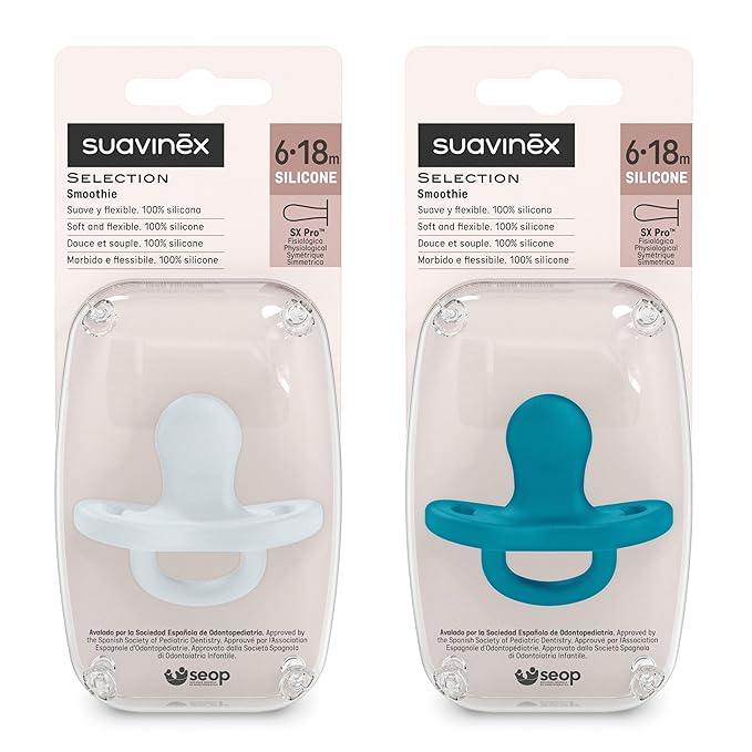 Color Essence SX PRO Silicone Baby Pacifier 2Pk, Made with 100% Soft Silicone, Baby Essentials Perfect for Breastfeeding Babies, Designed in Spain, 6-18 Mths, Ballad Blue/Deep Ocean