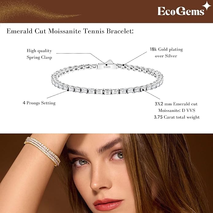 EcoGems Moissanite Tennis Bracelet for Women and Men – 18K White or Yellow Gold Plated Sterling Silver – Lab Grown D Color VVS Clarity Stones – Elegant Gift Box Included