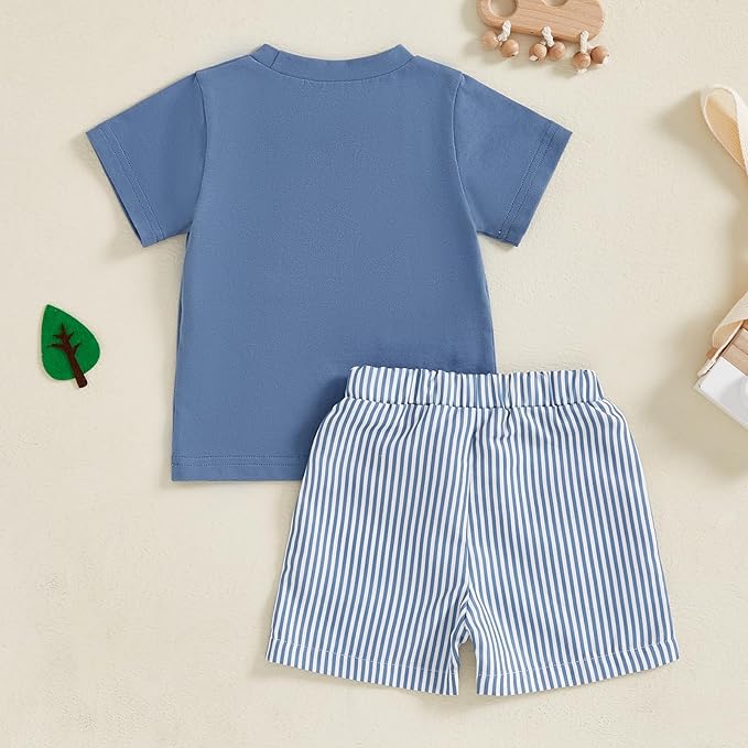 fhutpw Toddler Baby Boy Summer Clothes Tractor Letter Short Sleeve T-Shirt Tops Pockets Casual Shorts Set Infant Outfits