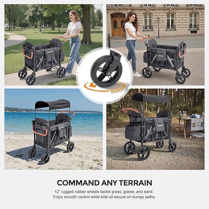 Premium 2 Seater Wagon Stroller for Kids, Foldable All-Terrain Stroller Wagon with Removable Seats, Adjustable 5-Point Safety Harness, Canopy, and Dual Handles, Dark Gray