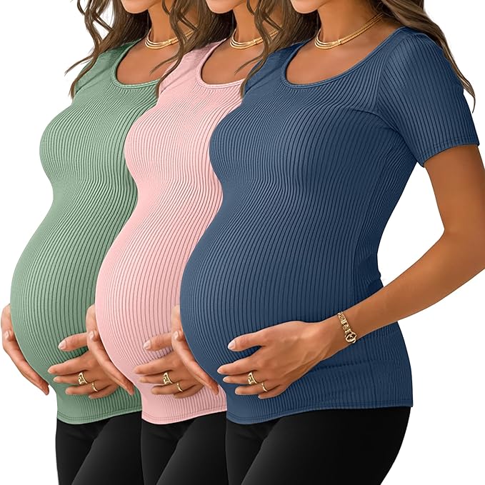 Neer 3 Pack Women's Ribbed Maternity Tops Pregnancy Round Neck Shirts Short Sleeve Soft Maternity Clothes for Mama