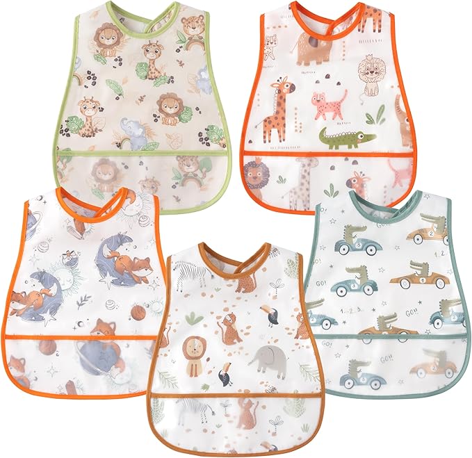 R HORSE 5Pcs Baby Bibs Set Toddler Bibs with Crumb Catcher Pocket & Snap Button Waterproof Baby Feeding Bibs for 6-24 Months