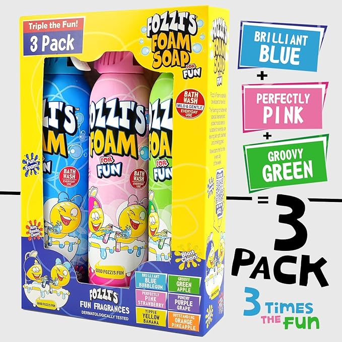 FOZZI'S Mixed Bath Foam Soap for Kids (3 Pack) - Fun Aerosol Spray - Squishy Bubble Soap for Playtime - Gentle Cleanser Foaming Body Wash - Safe Bath Fun for Everyday Wash