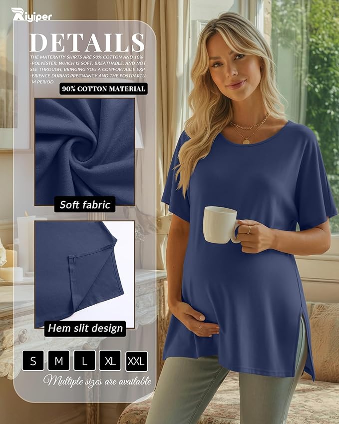 Riyiper 3 Pack Women's Maternity Tunic Shirts Cotton Summer Pregnancy Clothes Loose Oversized Split Side Blouse Tops